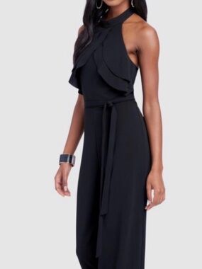 Bebe NWT Black Halter Ruffle Wide Leg Jumpsuit Size 4